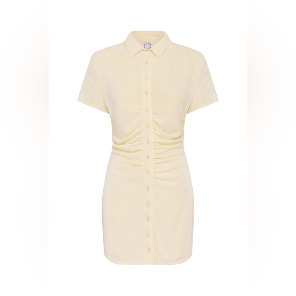 With Jean Alexa Dress Small Butter Yellow Bodycon Ruched Shirt Dress NWOT